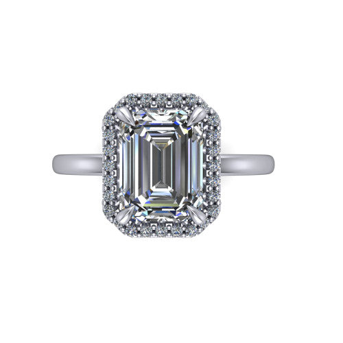 Calista emerald halo engagement ring in Platinum, top-down view showing the emerald center diamond framed by a square pave halo