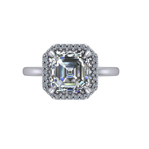Calista square emerald halo engagement ring in 18K White Gold, top-down view showing the square emerald center diamond framed by a square pave halo
