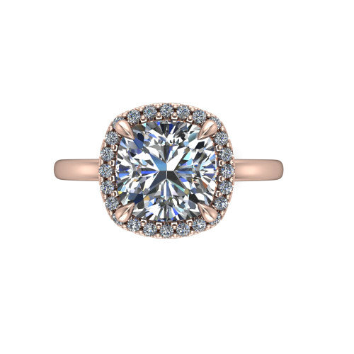 Calista cushion halo engagement ring in 14K Rose Gold, top-down view showing the cushion center diamond framed by a square pave halo