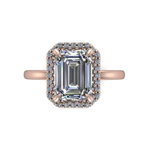 Calista emerald halo engagement ring in 14K Rose Gold, top-down view showing the emerald center diamond framed by a square pave halo