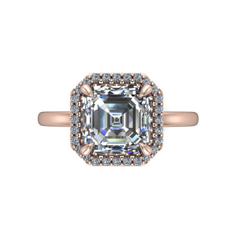 Calista square emerald halo engagement ring in 18K Rose Gold, top-down view showing the square emerald center diamond framed by a square pave halo