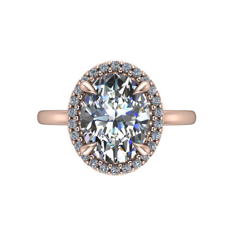 Calista oval halo engagement ring in 14K Rose Gold, top-down view showing the oval center diamond framed by a square pave halo