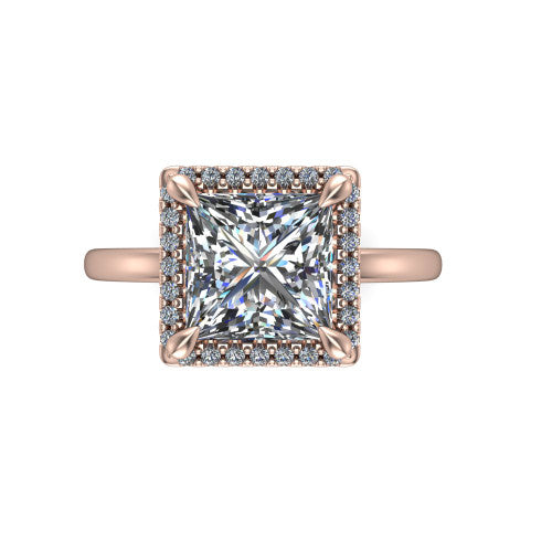 Calista princess halo engagement ring in 18K Rose Gold, top-down view showing the princess center diamond framed by a square pave halo