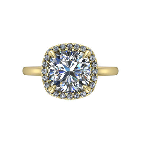 Calista cushion halo engagement ring in 14K Yellow Gold, top-down view showing the cushion center diamond framed by a square pave halo