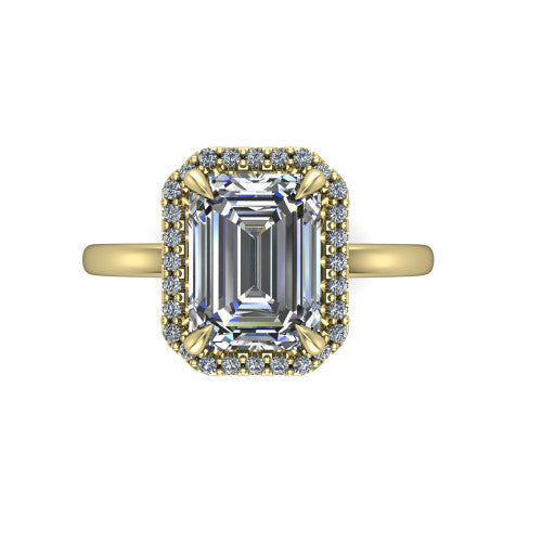 Calista emerald halo engagement ring in 18K Yellow Gold, top-down view showing the emerald center diamond framed by a square pave halo