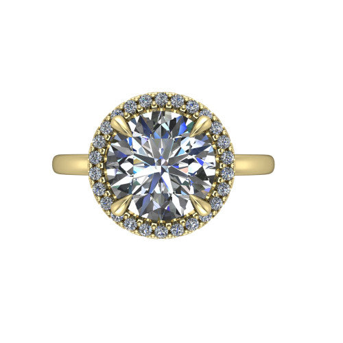 Calista round halo engagement ring in 14K Yellow Gold, top-down view showing the round center diamond framed by a square pave halo