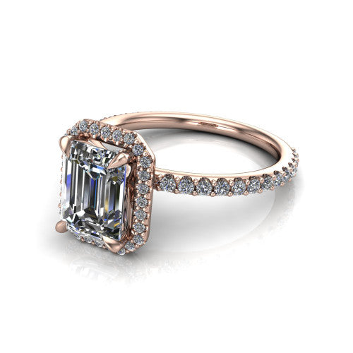 Violetta Emerald Shape Halo Engagement Ring in 14K Rose Gold