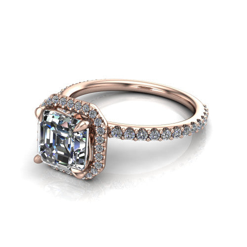 Violetta Square Emerald Shape Halo Engagement Ring in 18K Rose Gold