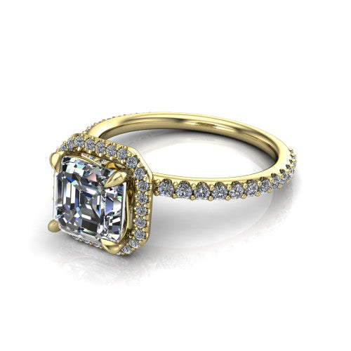 Violetta Square Emerald Shape Halo Engagement Ring in 18K Yellow Gold