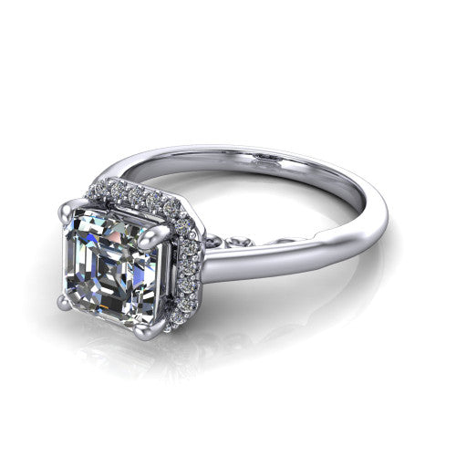 Paige square emerald halo engagement ring in 14K White Gold, three-quarter perspective showing the square emerald center diamond in a pave halo above a polished band