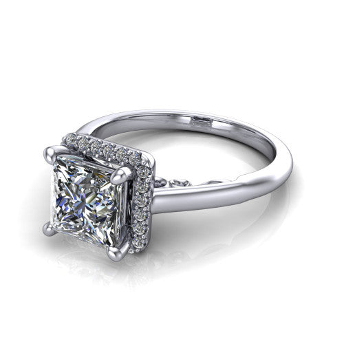 Paige princess halo engagement ring in Platinum, three-quarter perspective showing the princess center diamond in a pave halo above a polished band