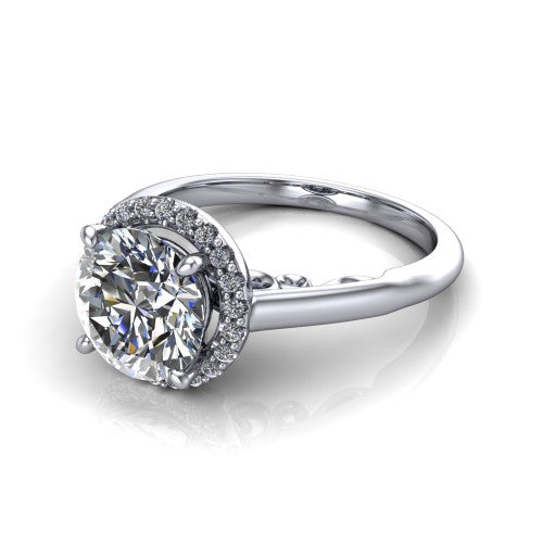 Paige round halo engagement ring in 14K White Gold, three-quarter perspective showing the round center diamond in a pave halo above a polished band