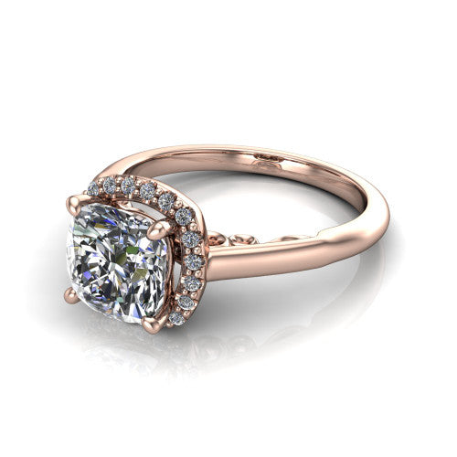 Paige cushion halo engagement ring in 14K Rose Gold, three-quarter perspective showing the cushion center diamond in a pave halo above a polished band
