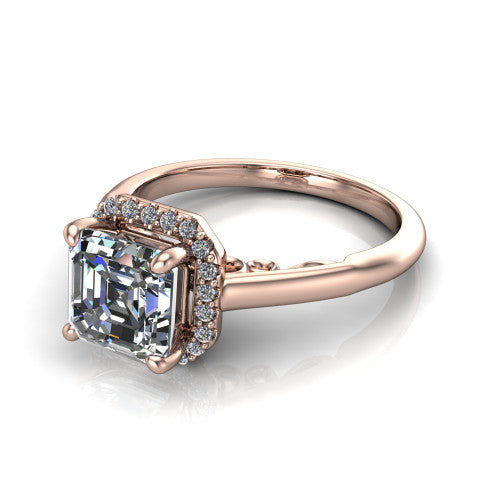 Paige square emerald halo engagement ring in 14K Rose Gold, three-quarter perspective showing the square emerald center diamond in a pave halo above a polished band