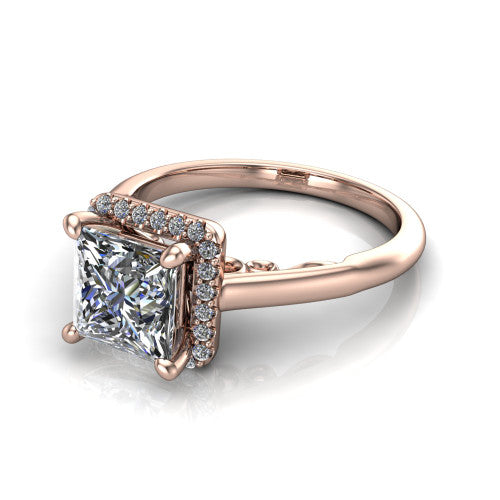 Paige princess halo engagement ring in 14K Rose Gold, three-quarter perspective showing the princess center diamond in a pave halo above a polished band