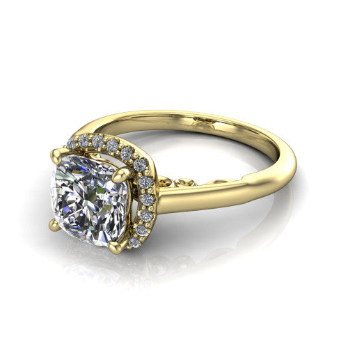 Paige cushion halo engagement ring in 18K Yellow Gold, three-quarter perspective showing the cushion center diamond in a pave halo above a polished band