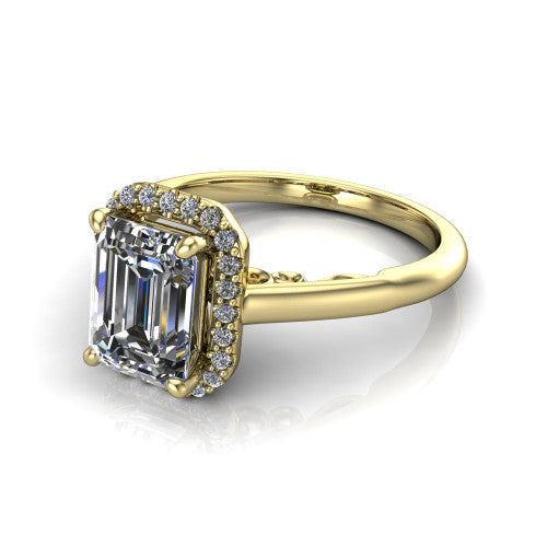 Paige emerald halo engagement ring in 14K Yellow Gold, three-quarter perspective showing the emerald center diamond in a pave halo above a polished band