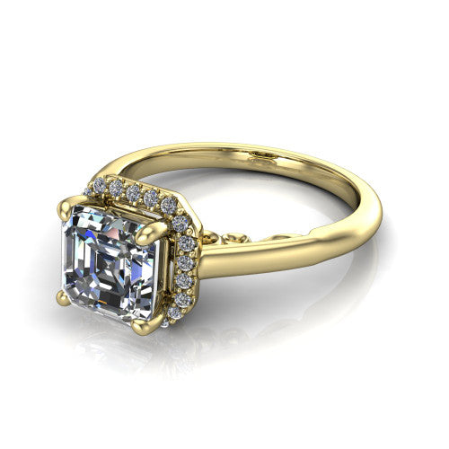 Paige square emerald halo engagement ring in 14K Yellow Gold, three-quarter perspective showing the square emerald center diamond in a pave halo above a polished band