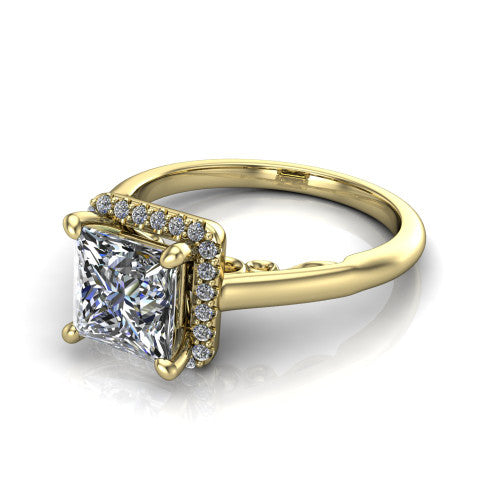 Paige princess halo engagement ring in 14K Yellow Gold, three-quarter perspective showing the princess center diamond in a pave halo above a polished band