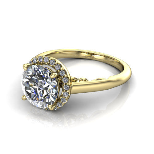 Paige round halo engagement ring in 18K Yellow Gold, three-quarter perspective showing the round center diamond in a pave halo above a polished band