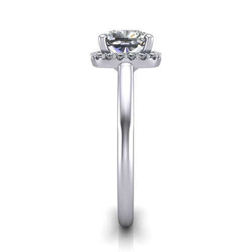 Paige cushion halo engagement ring in Platinum, side profile showing the vintage bridge detail and polished band