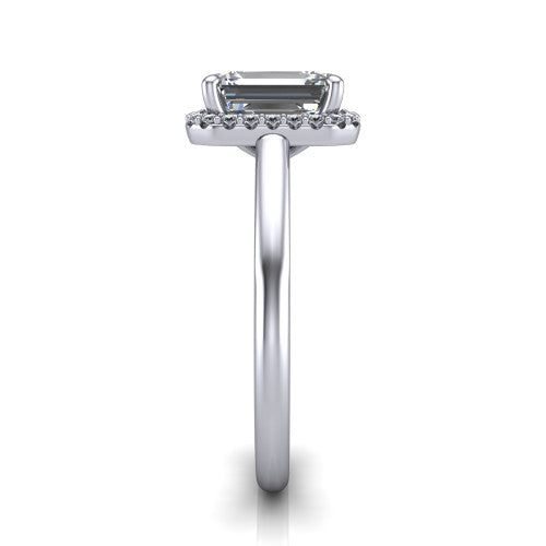 Paige emerald halo engagement ring in Platinum, side profile showing the vintage bridge detail and polished band