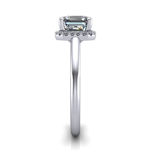 Paige square emerald halo engagement ring in 18K White Gold, side profile showing the vintage bridge detail and polished band