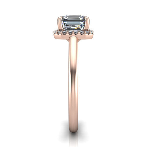 Paige square emerald halo engagement ring in 18K Rose Gold, side profile showing the vintage bridge detail and polished band