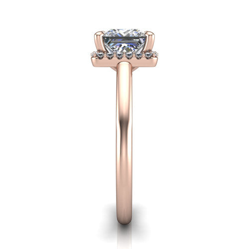 Paige princess halo engagement ring in 18K Rose Gold, side profile showing the vintage bridge detail and polished band