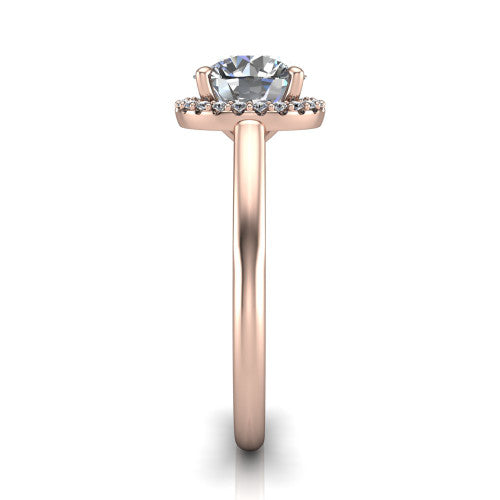 Paige round halo engagement ring in 18K Rose Gold, side profile showing the vintage bridge detail and polished band