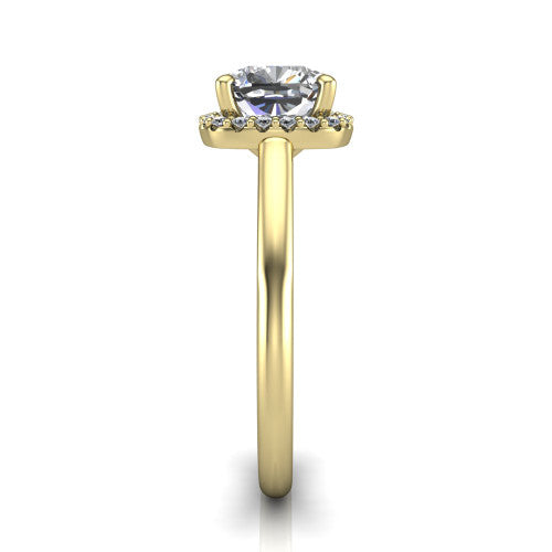Paige cushion halo engagement ring in 14K Yellow Gold, side profile showing the vintage bridge detail and polished band