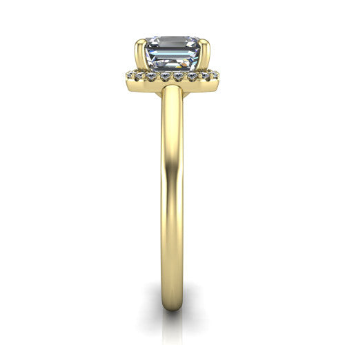 Paige square emerald halo engagement ring in 18K Yellow Gold, side profile showing the vintage bridge detail and polished band