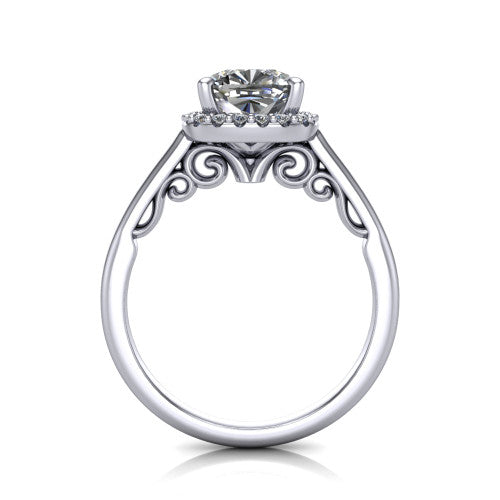 Paige cushion halo engagement ring in 14K White Gold, through-finger front profile showing the filigree scrollwork gallery
