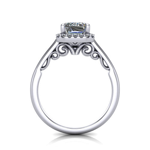 Paige emerald halo engagement ring in 14K White Gold, through-finger front profile showing the filigree scrollwork gallery