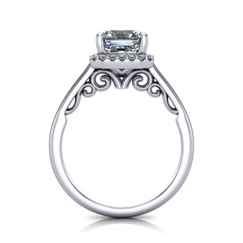 Paige square emerald halo engagement ring in 18K White Gold, through-finger front profile showing the filigree scrollwork gallery