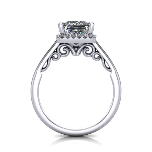 Paige princess halo engagement ring in 14K White Gold, through-finger front profile showing the filigree scrollwork gallery