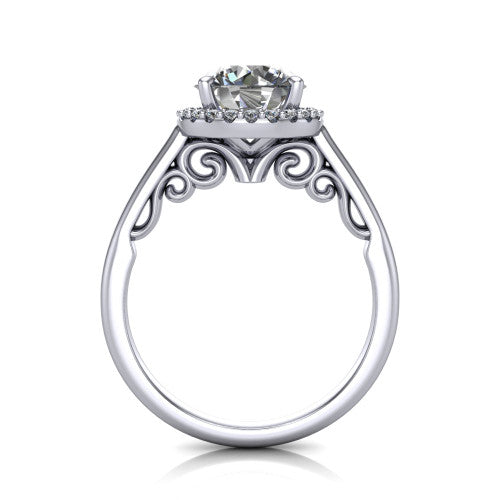 Paige round halo engagement ring in 14K White Gold, through-finger front profile showing the filigree scrollwork gallery