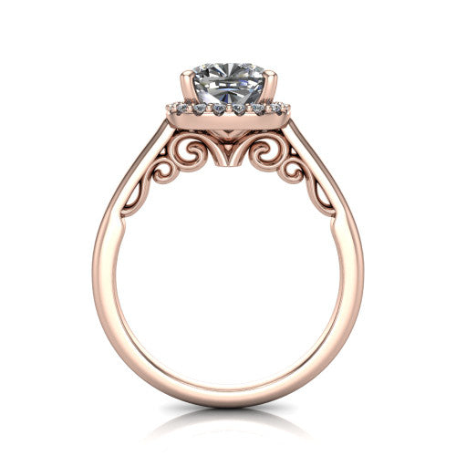 Paige cushion halo engagement ring in 14K Rose Gold, through-finger front profile showing the filigree scrollwork gallery