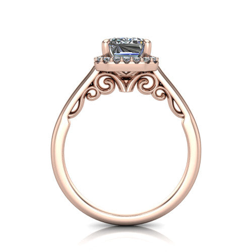 Paige emerald halo engagement ring in 14K Rose Gold, through-finger front profile showing the filigree scrollwork gallery