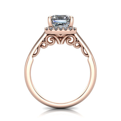 Paige square emerald halo engagement ring in 18K Rose Gold, through-finger front profile showing the filigree scrollwork gallery