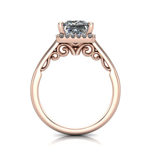 Paige princess halo engagement ring in 14K Rose Gold, through-finger front profile showing the filigree scrollwork gallery