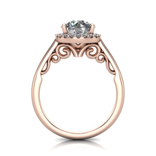 Paige round halo engagement ring in 18K Rose Gold, through-finger front profile showing the filigree scrollwork gallery