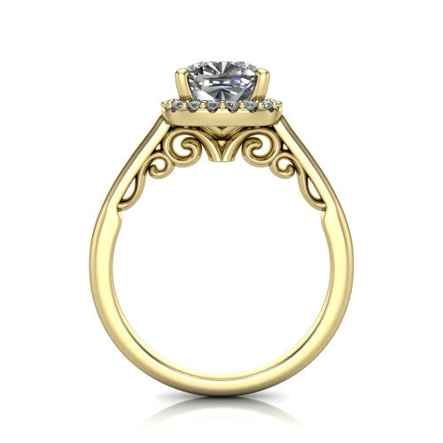 Paige cushion halo engagement ring in 18K Yellow Gold, through-finger front profile showing the filigree scrollwork gallery