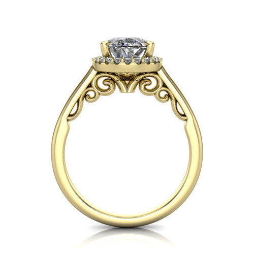 Paige oval halo engagement ring in 14K Yellow Gold, through-finger front profile showing the filigree scrollwork gallery