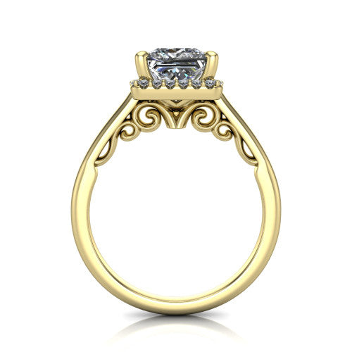 Paige princess halo engagement ring in 14K Yellow Gold, through-finger front profile showing the filigree scrollwork gallery
