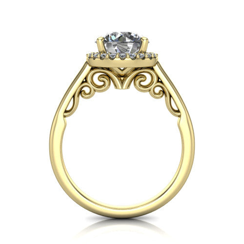 Paige round halo engagement ring in 18K Yellow Gold, through-finger front profile showing the filigree scrollwork gallery