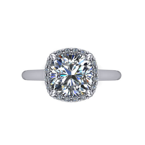 Paige cushion halo engagement ring in 14K White Gold, top-down view showing the cushion center diamond framed by a pave halo