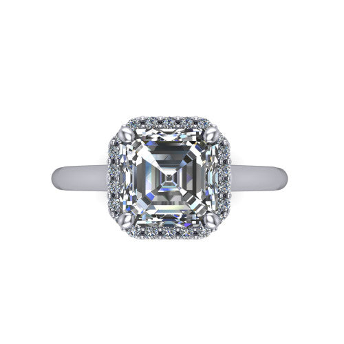 Paige square emerald halo engagement ring in Platinum, top-down view showing the square emerald center diamond framed by a pave halo