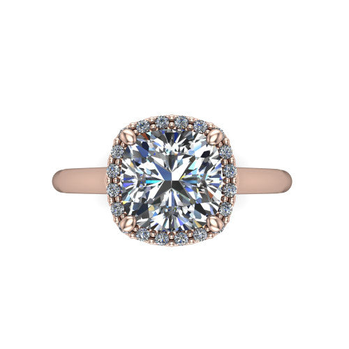Paige cushion halo engagement ring in 14K Rose Gold, top-down view showing the cushion center diamond framed by a pave halo