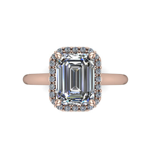 Paige emerald halo engagement ring in 14K Rose Gold, top-down view showing the emerald center diamond framed by a pave halo